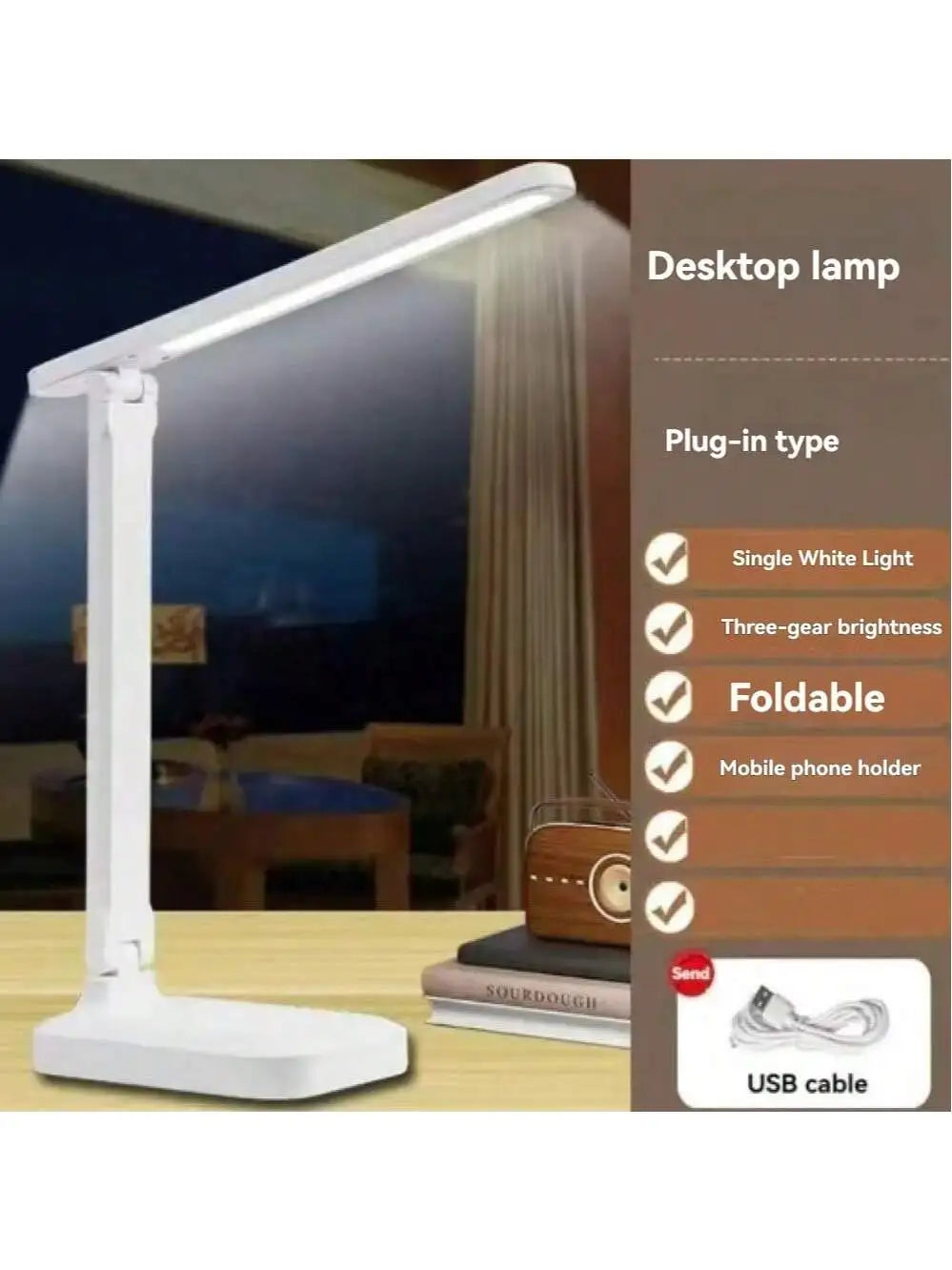 Foldable LED Desk Lamp with 3-Speed Dimming & USB Charging